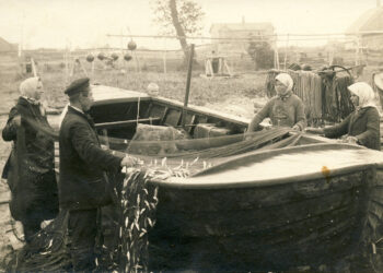 Viikide pere Rummu küla Liiva talu sadamas võrke päästmas ca 1930.